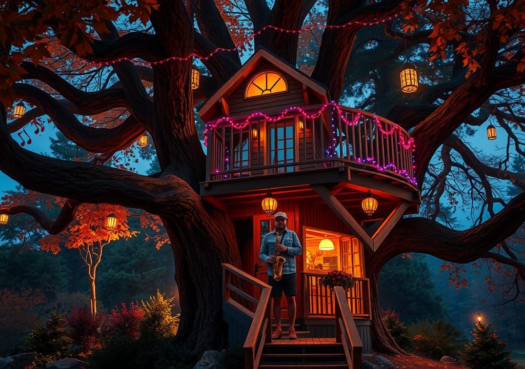 Maximalist Treehouse Scene with Saxophone Player