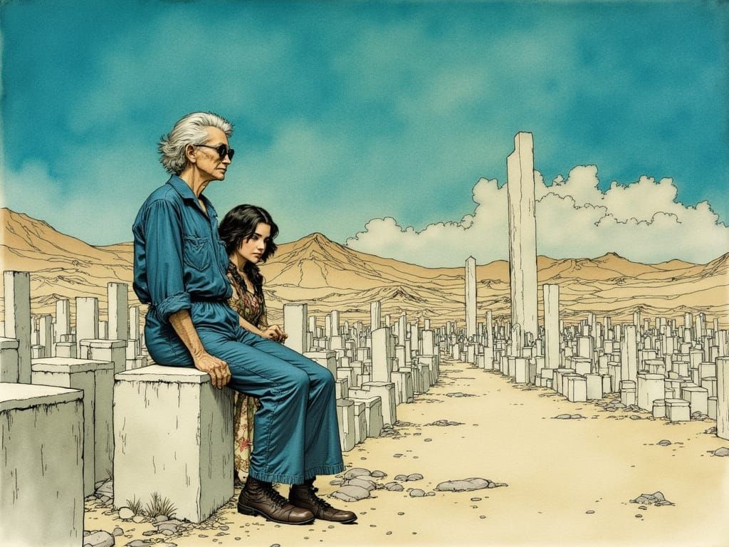 Ethereal Filipino Women in Desert Cemetery, Watercolor Style