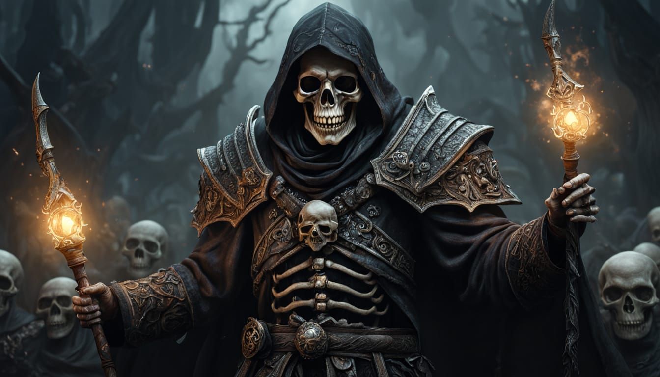 Necromancer Commands Undead Army in Dark Fantasy Style