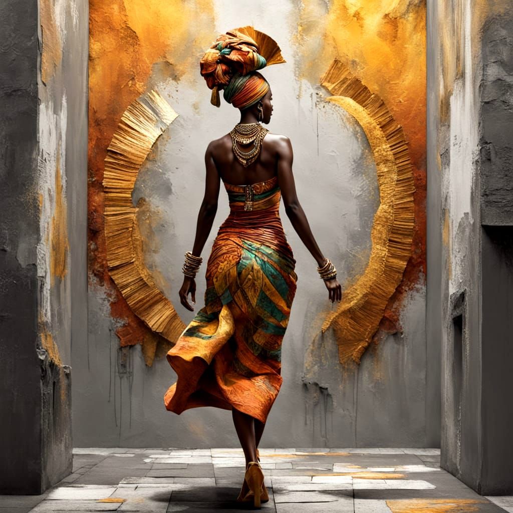 African Woman Steps Through Wall in Glossy Oil Painting Styl...