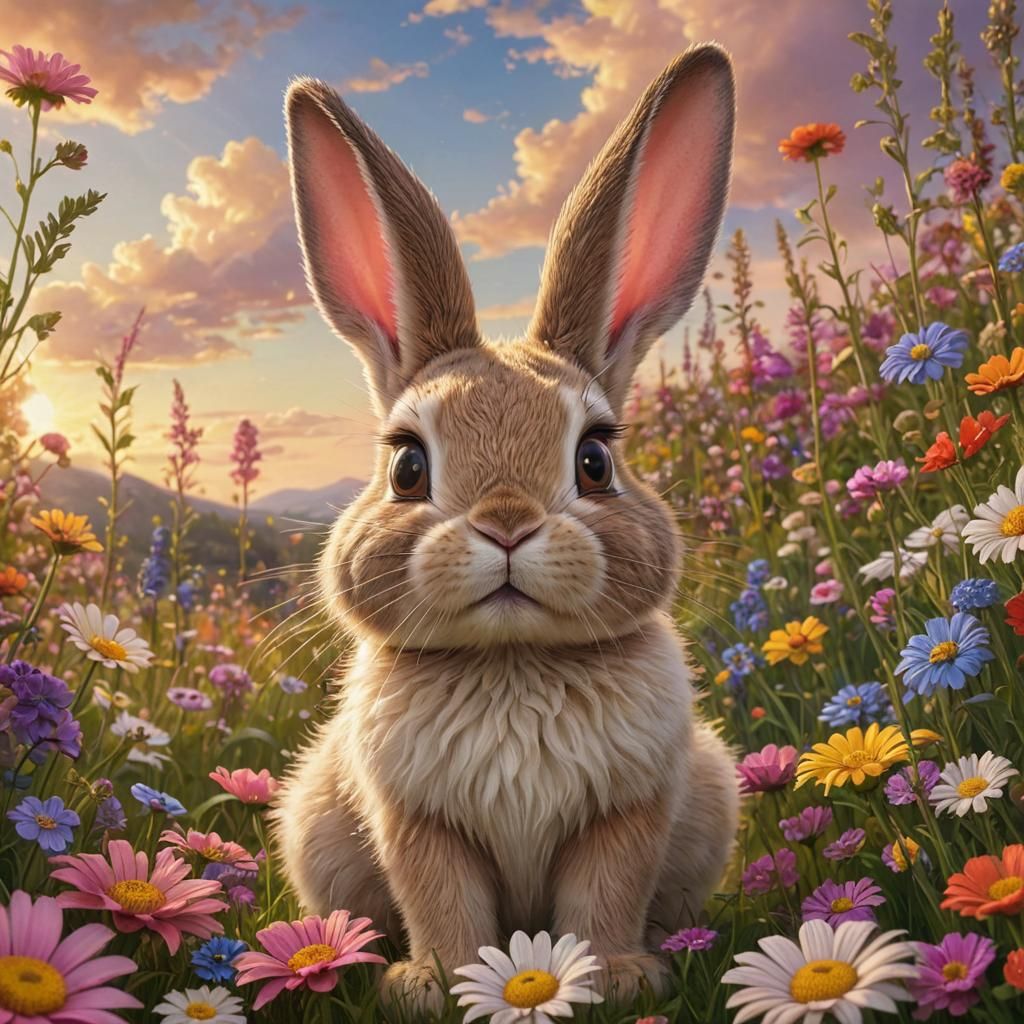 Cute Rabbit in Meadow: Fantasy Comic Book Art