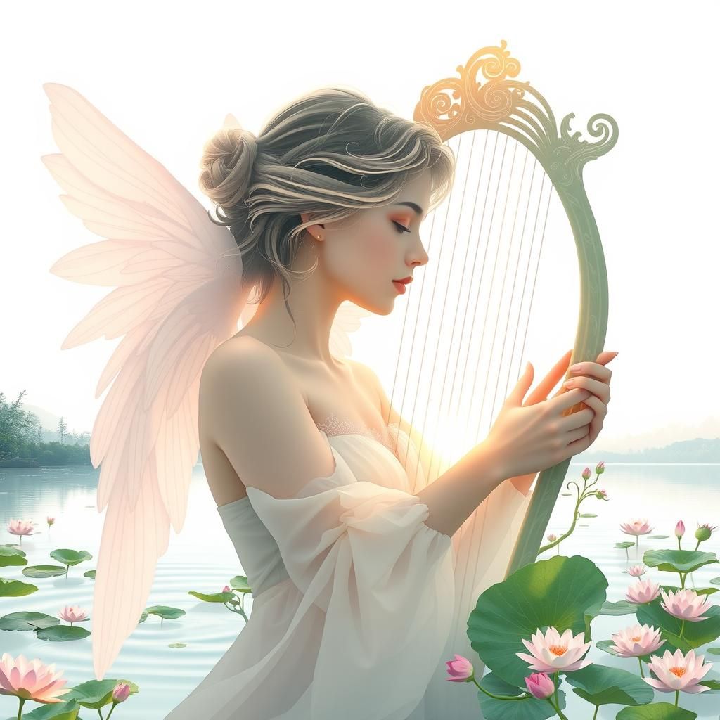 Ethereal Angel Silhouette with Harp in Art Nouveau Style