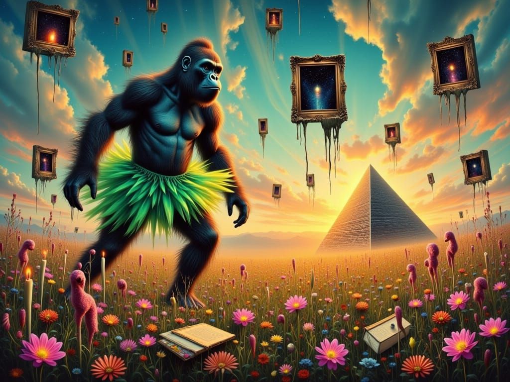 Surreal Gorilla Dancing in a Dreamlike Floral Meadow