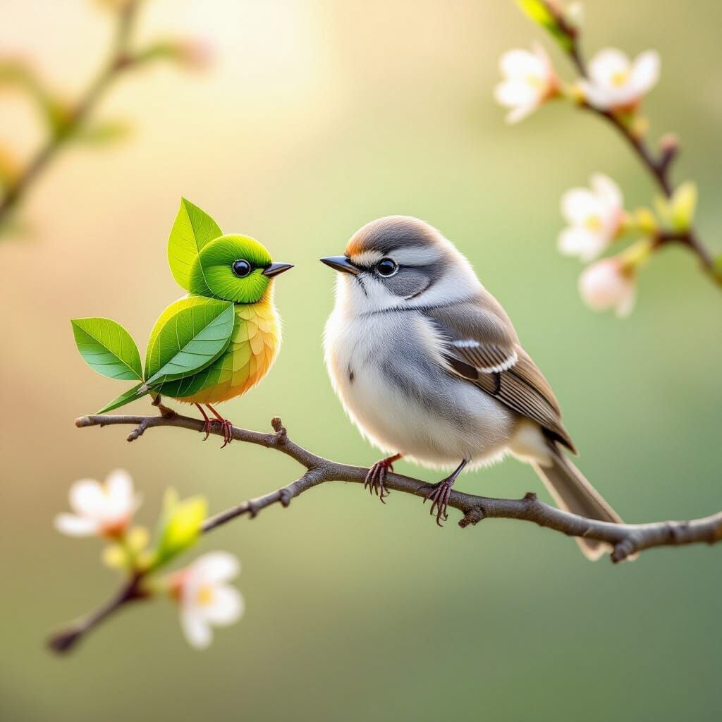 Fluffy Bird Gazing at Leaf Bird Arrangement