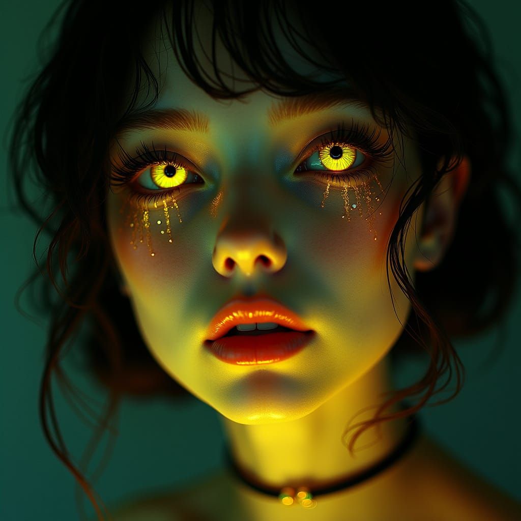 cute intricate Mysterious Woman Pin-up in bioluminescent yel...