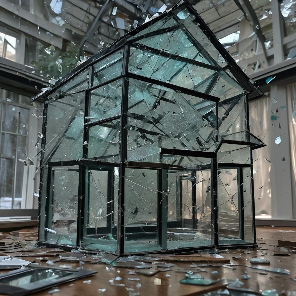 "shattered glass house flying into pieces"