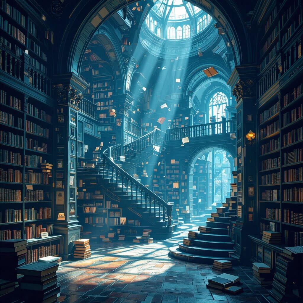 Surreal Library with Impossible Architecture in Dreamlike St...