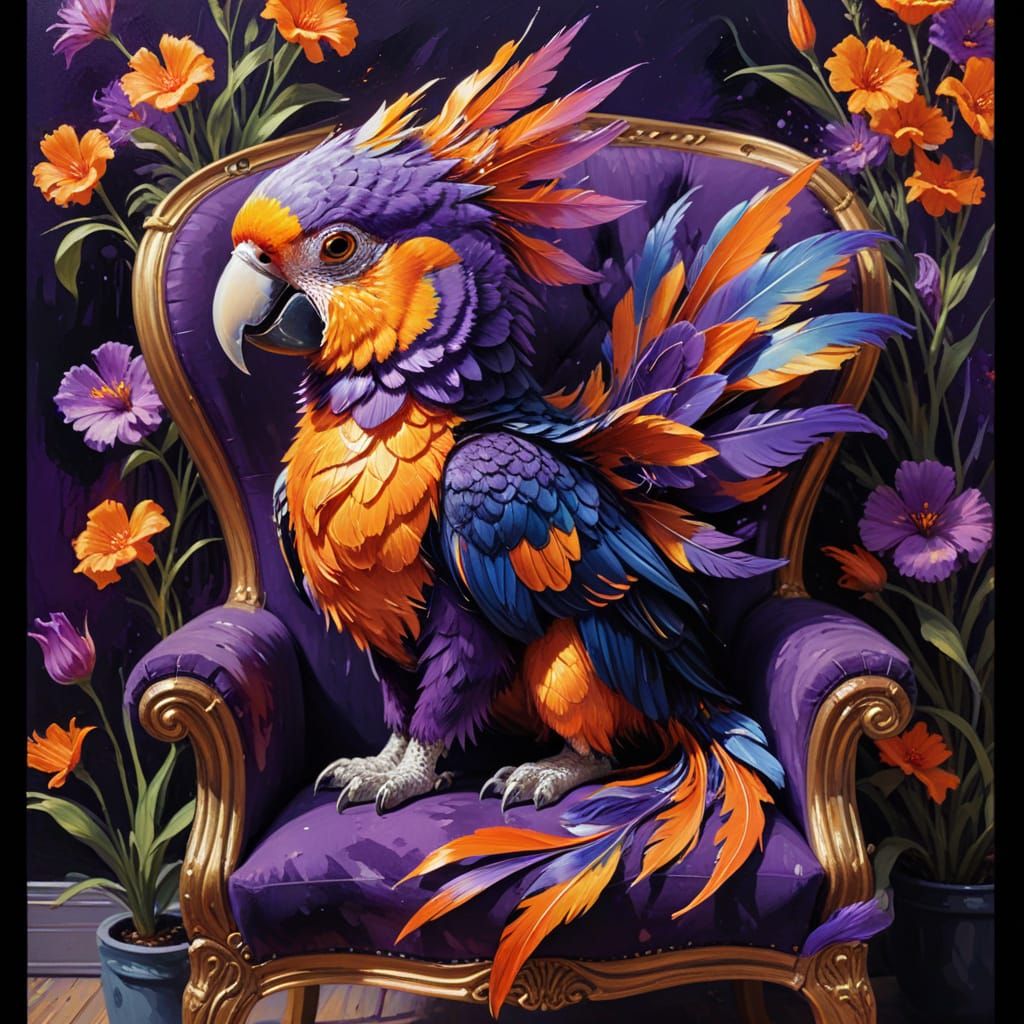 Surreal Parrot-Cat Hybrid in Impasto Gouache Style