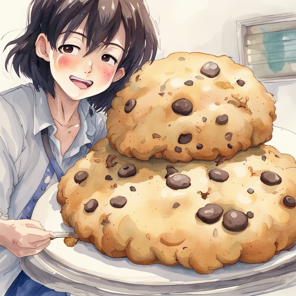 Anime Monster Eating Cookie in Watercolor Style