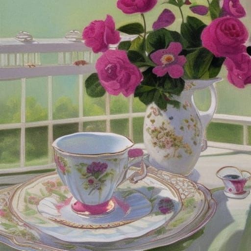 Flowered Teacup Still Life in Gouache Style