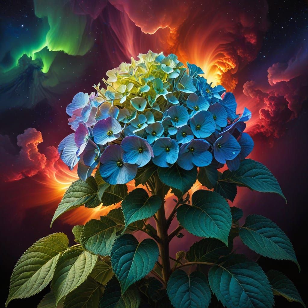 Hyperrealistic Hydrangea in a Geomagnetic Storm