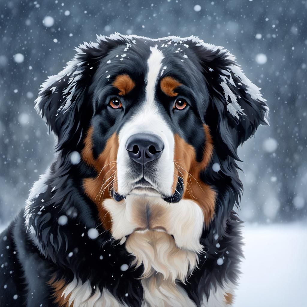 Bernese Mountain Dog Gazing at Winter Snow