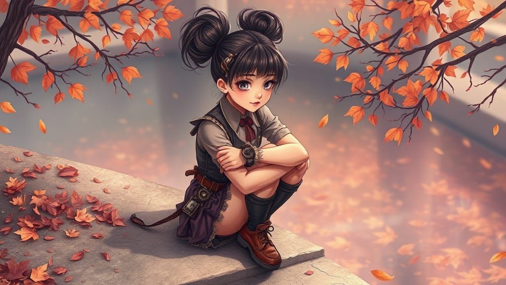 Sassy Girl in Steampunk Attire on Autumn Stone Ledge