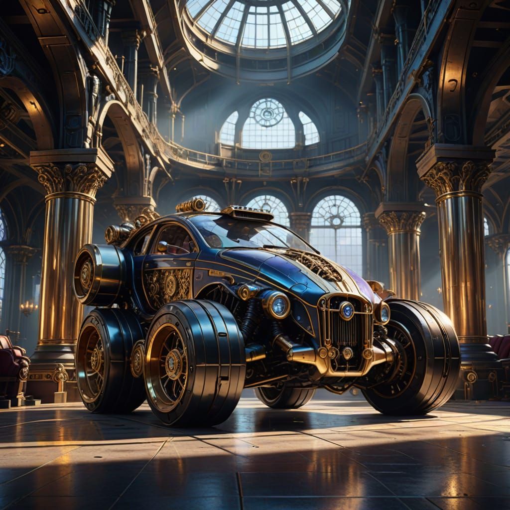 Steam-Powered Fantasy Car in Futuristic Hall