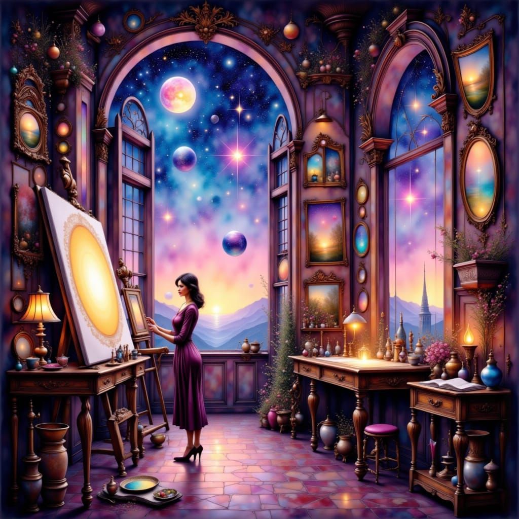 Surreal Artist's Dream Studio with Floating Lights