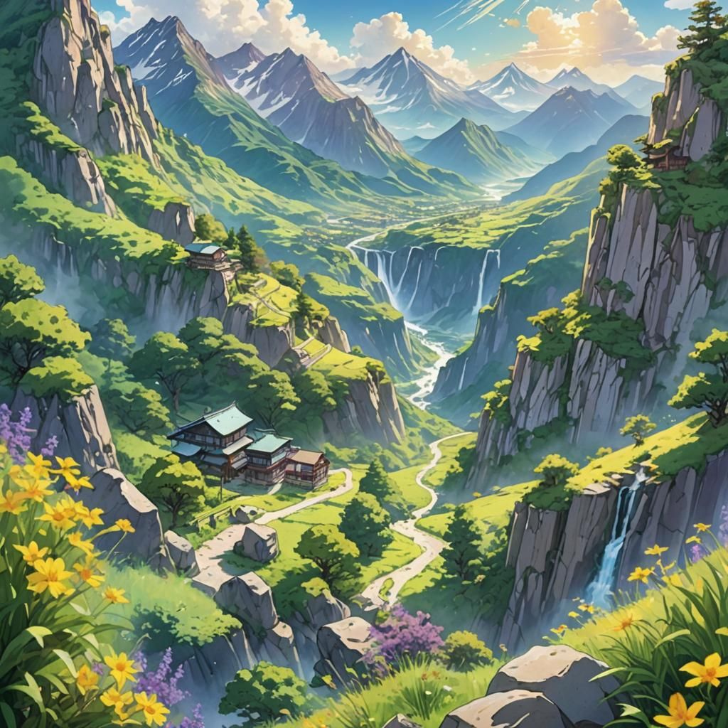 Anime Style Mountain Landscape for Summer Magazine