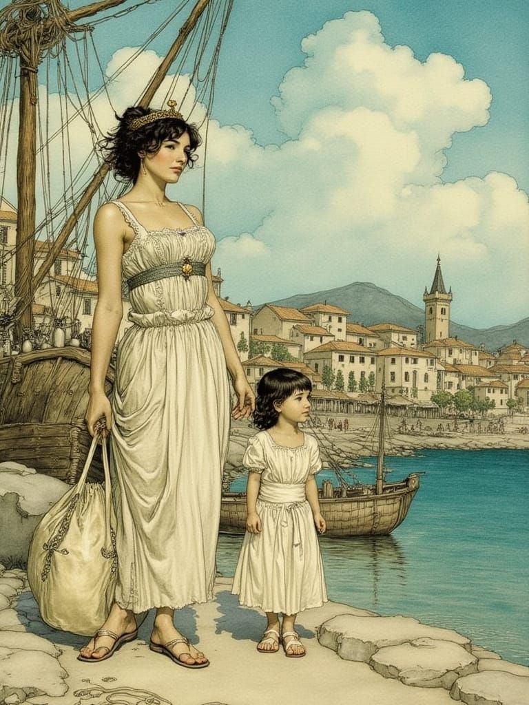 Greek Woman and Servant in Dreamy Watercolor Style