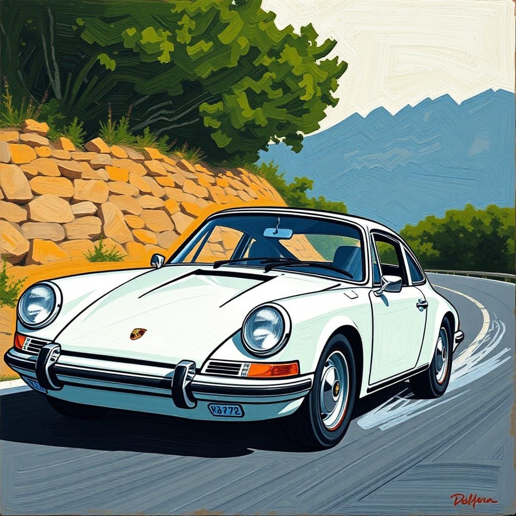 Dynamic Porsche 911 in Naive Art Style