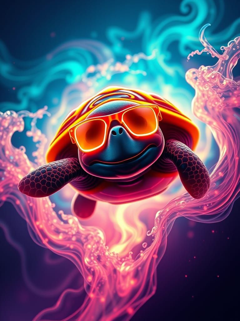 Joyful Liquid Turtle Bursts Through Crystal Arrangement