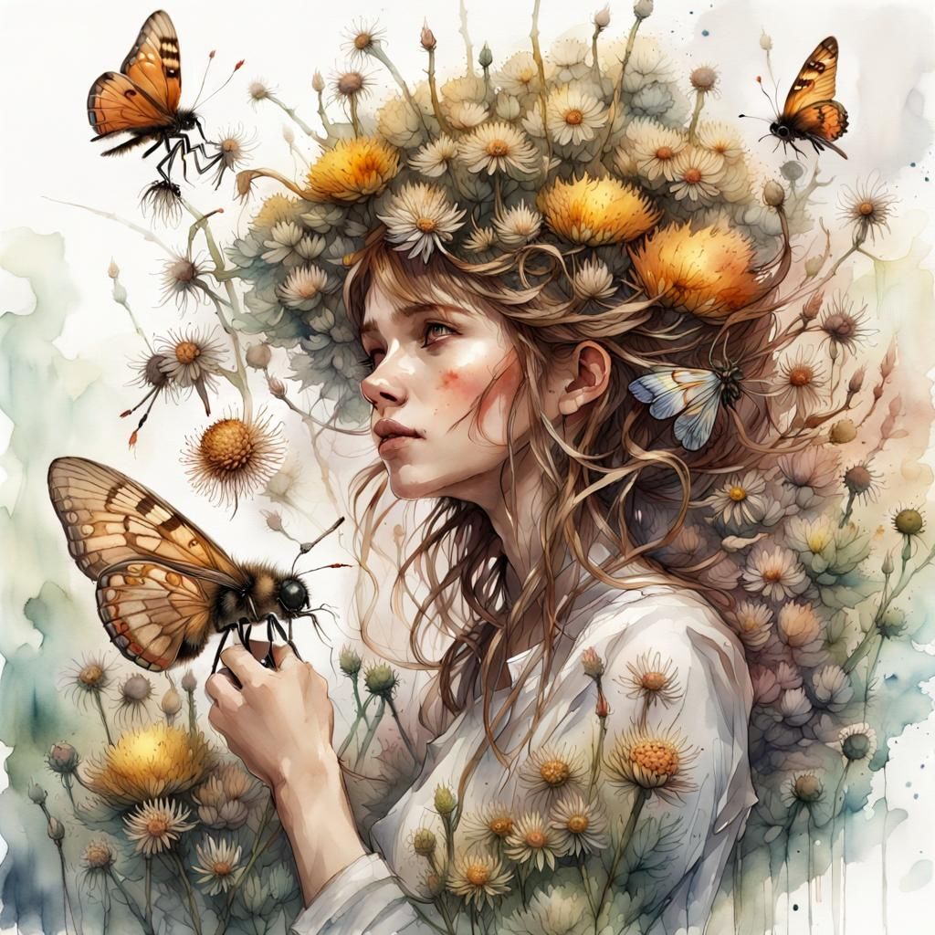 Bombylius Major Gathering Seeds: Digital Watercolor