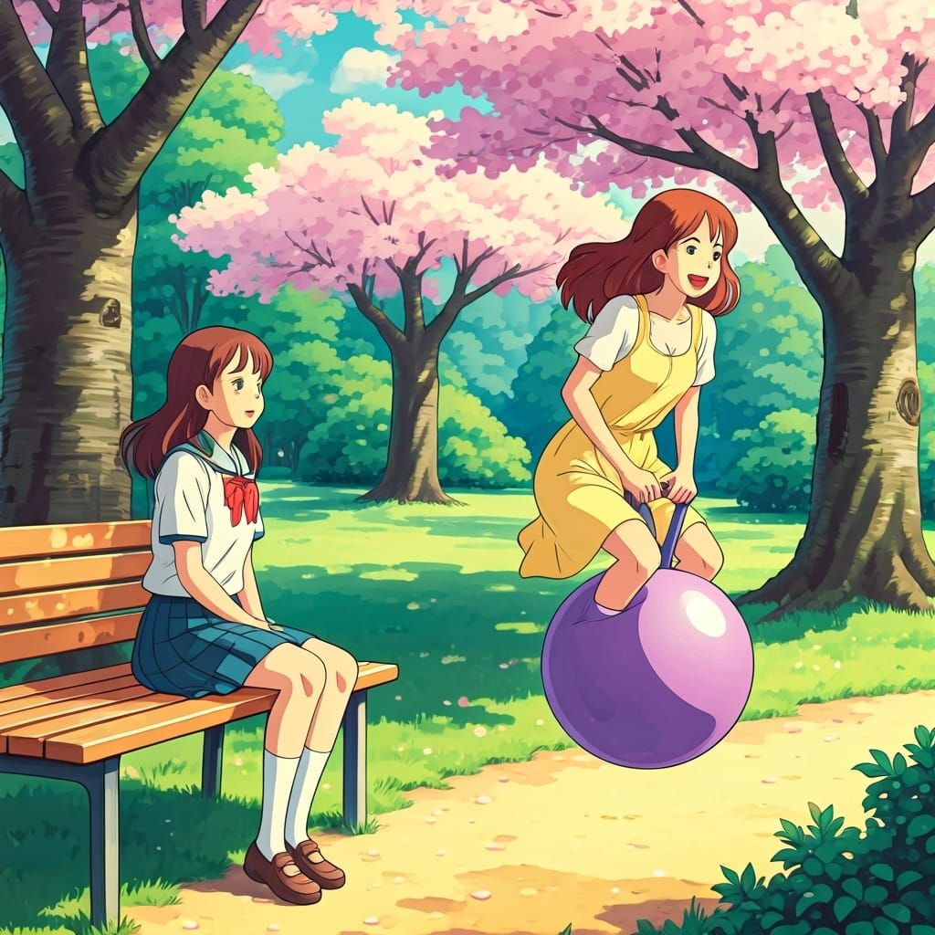 School Girls in Park Bouncing on Pogo Ball, Ghibli Style