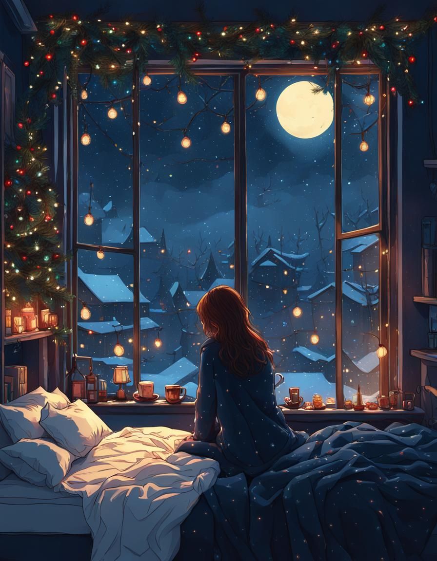 Girl Gazing Through Christmas Lighted Window