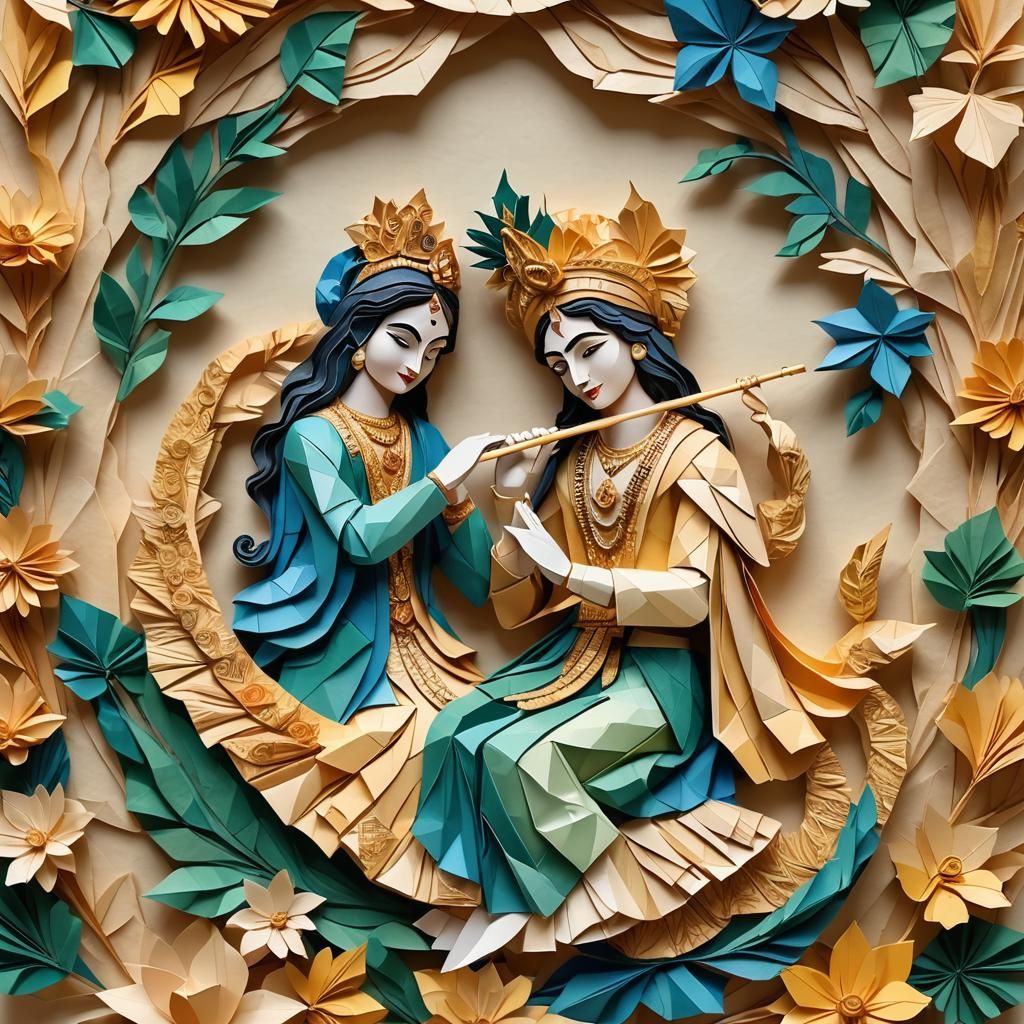 Radha Krishna in Peacock Frame: Origami Impressionism