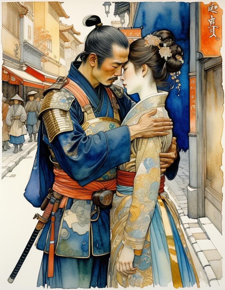Noblewoman Embracing Samurai Soldier in Art Nouveau Style