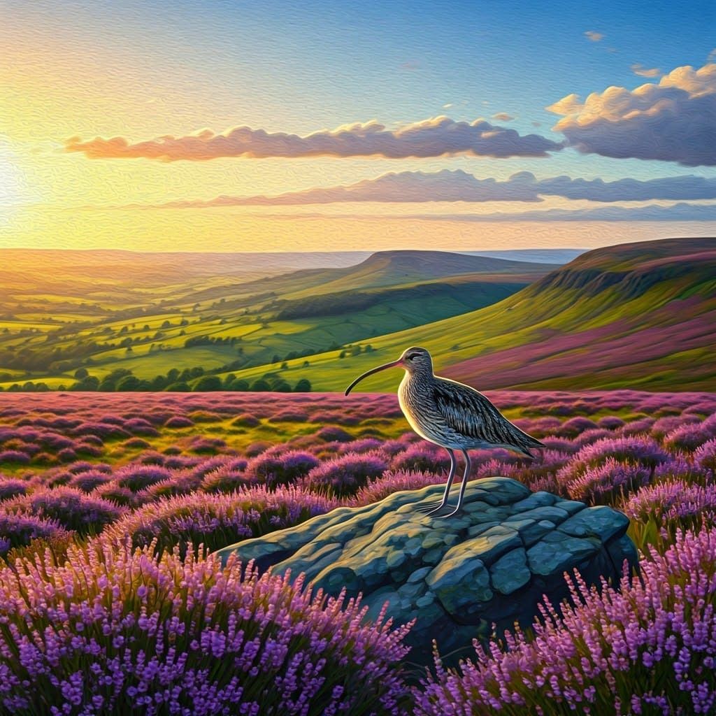 Vibrant Curlew on Yorkshire Moor Under Golden Sunset