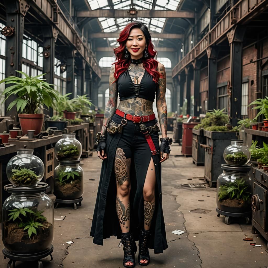 Smiling Woman with Tattoos in Steampunk Setting