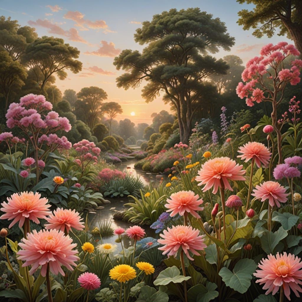 Soft Coral Horizon Painted in Vibrant Botanical Style