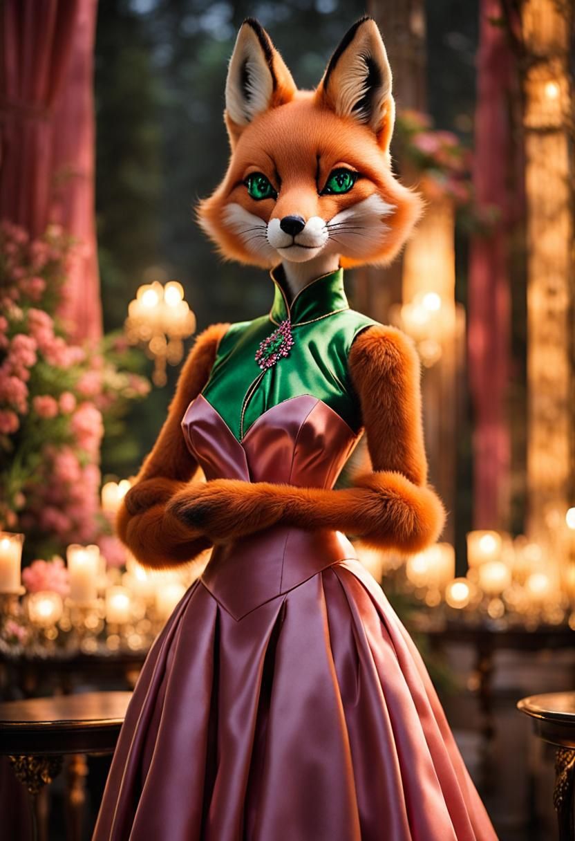 Glamorous Anthropomorphic Red Fox in Pink Gown