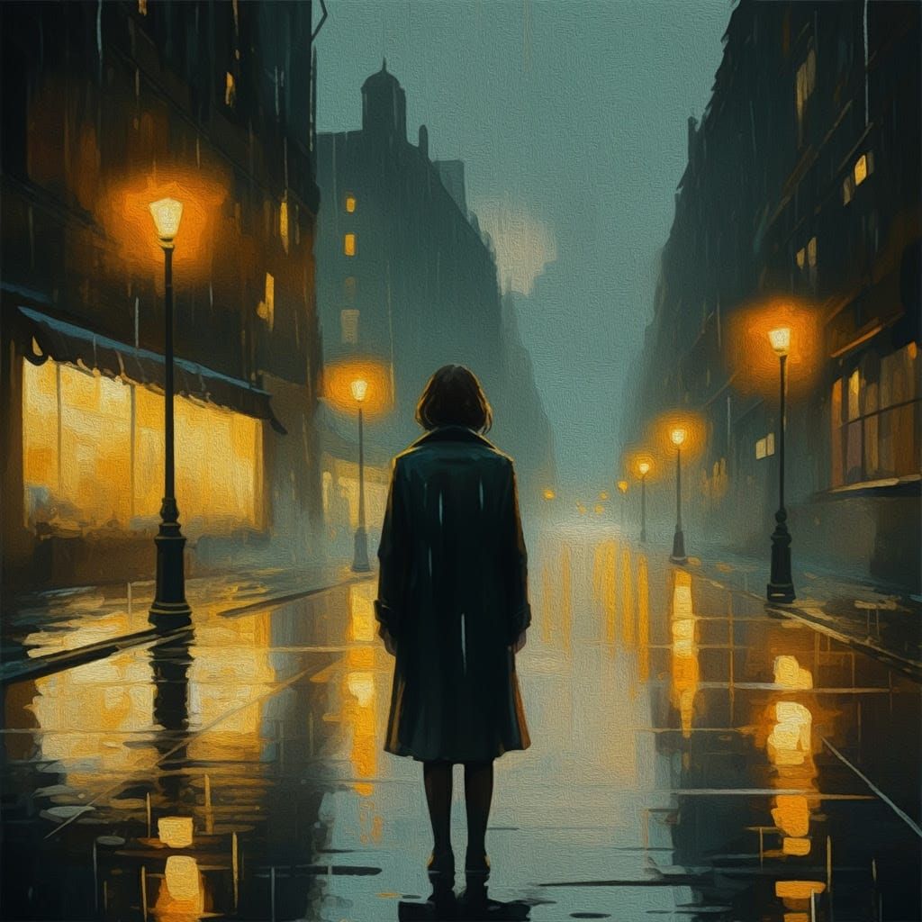 Noir Woman in Rainy City Street