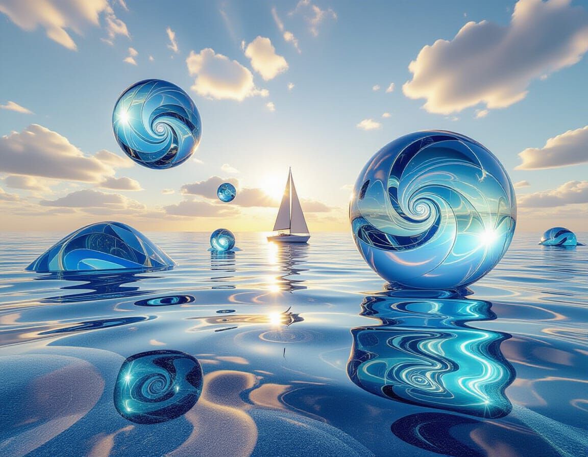 Cosmic Crystal Glass-scape with Swirling Planets and Sailboa...