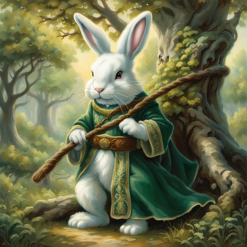 Ethereal Bunny at Oak, Hyperdetailed Fantasy Art