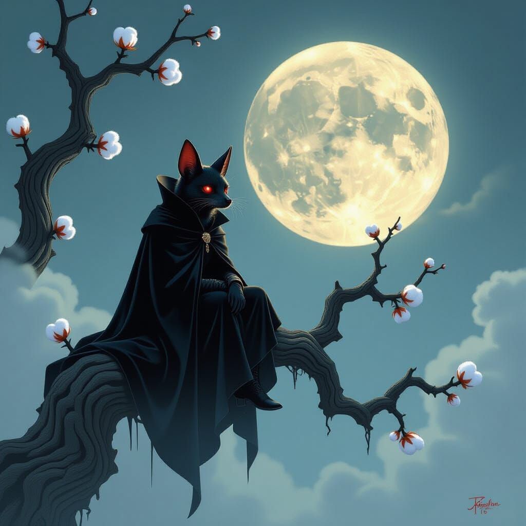 Gothic Fantasy Vampire Bat on Moonlit Branch