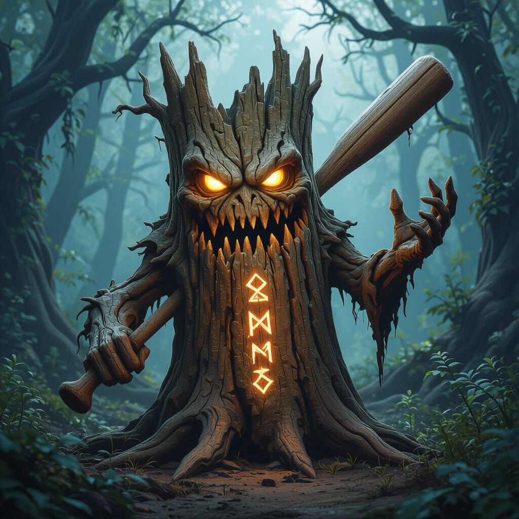 Cursed Wooden Log With Bat in Dark Forest