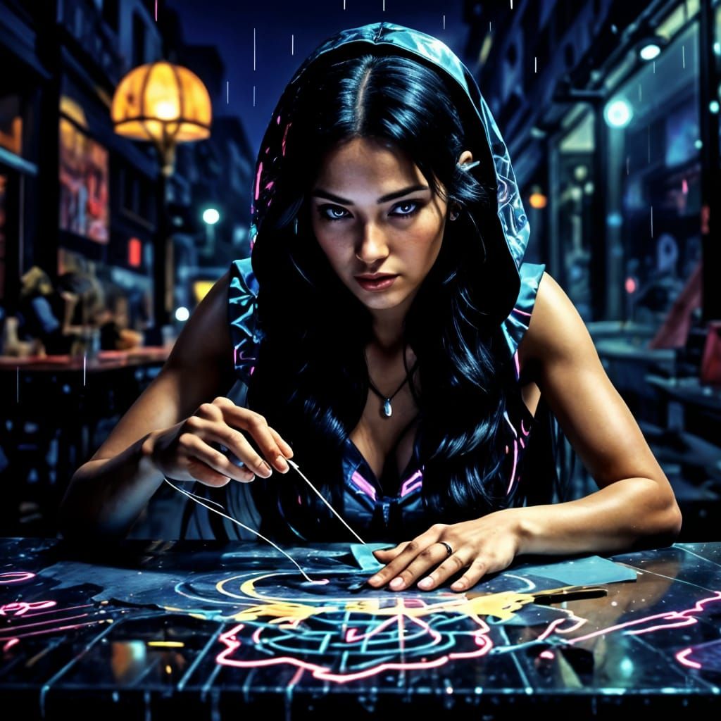 Woman Sewing Hood in Neon Cyberpunk Style