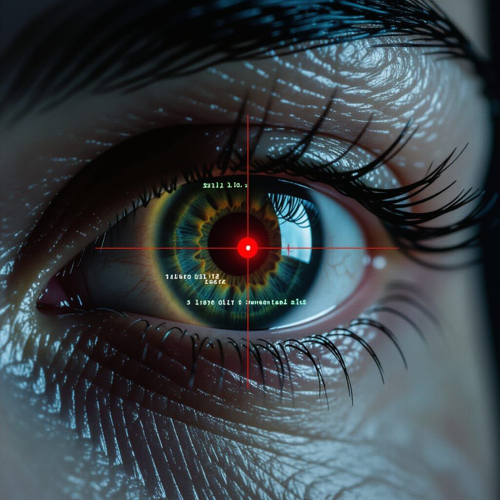 Cyberpunk Eye with Red Reticle and Code Reflection