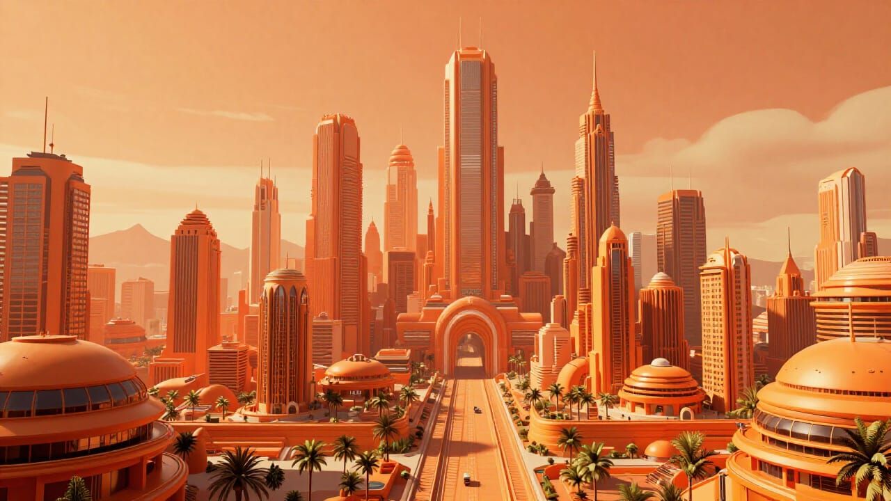 Retro-Futuristic Orange Cityscape in Hyper-Detailed 8K
