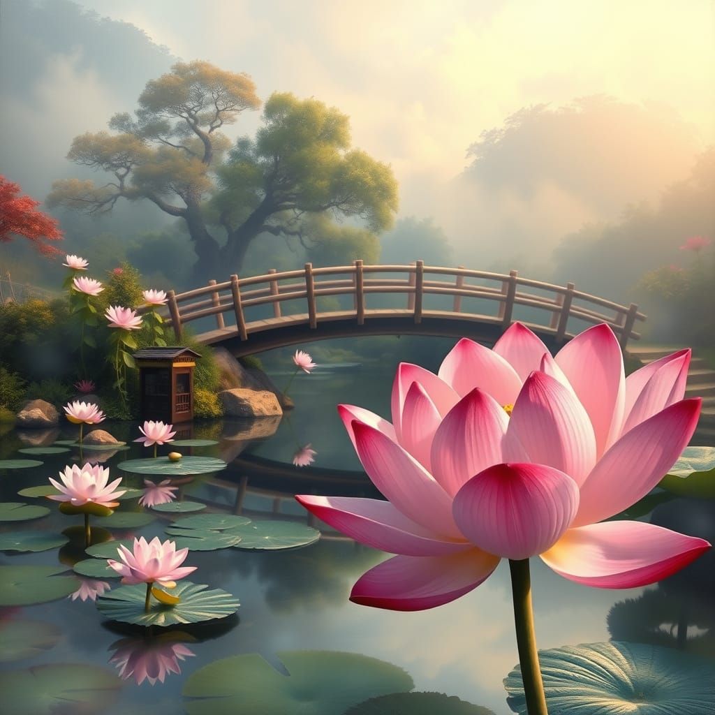 Serene Japanese Garden with Majestic Pink Lotus