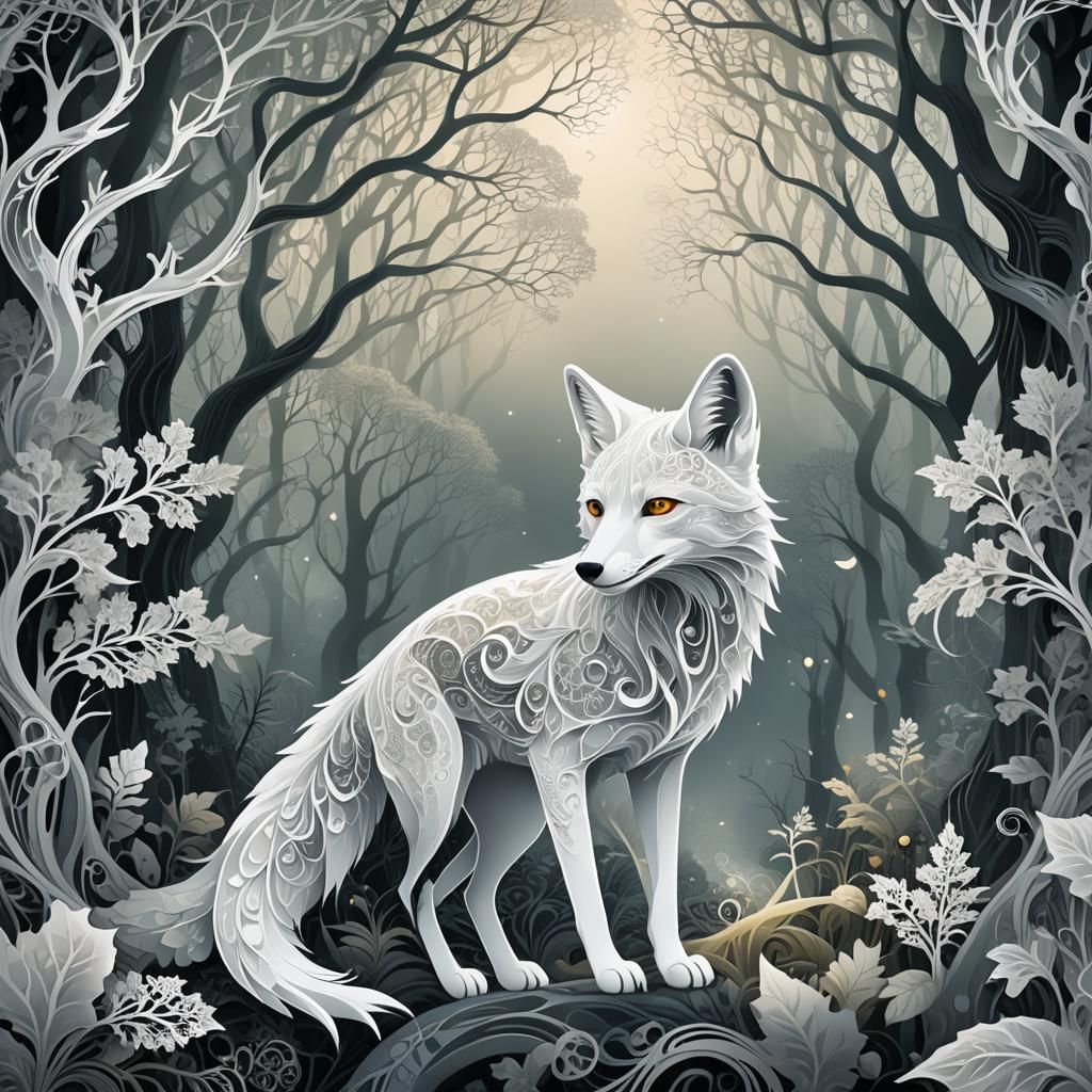 Abstract Fractal White Fox in Psychedelic Art Style