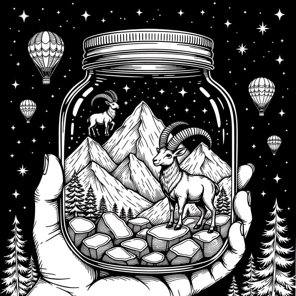 Ibex and Mountains in a Jar: Doodle Line Art