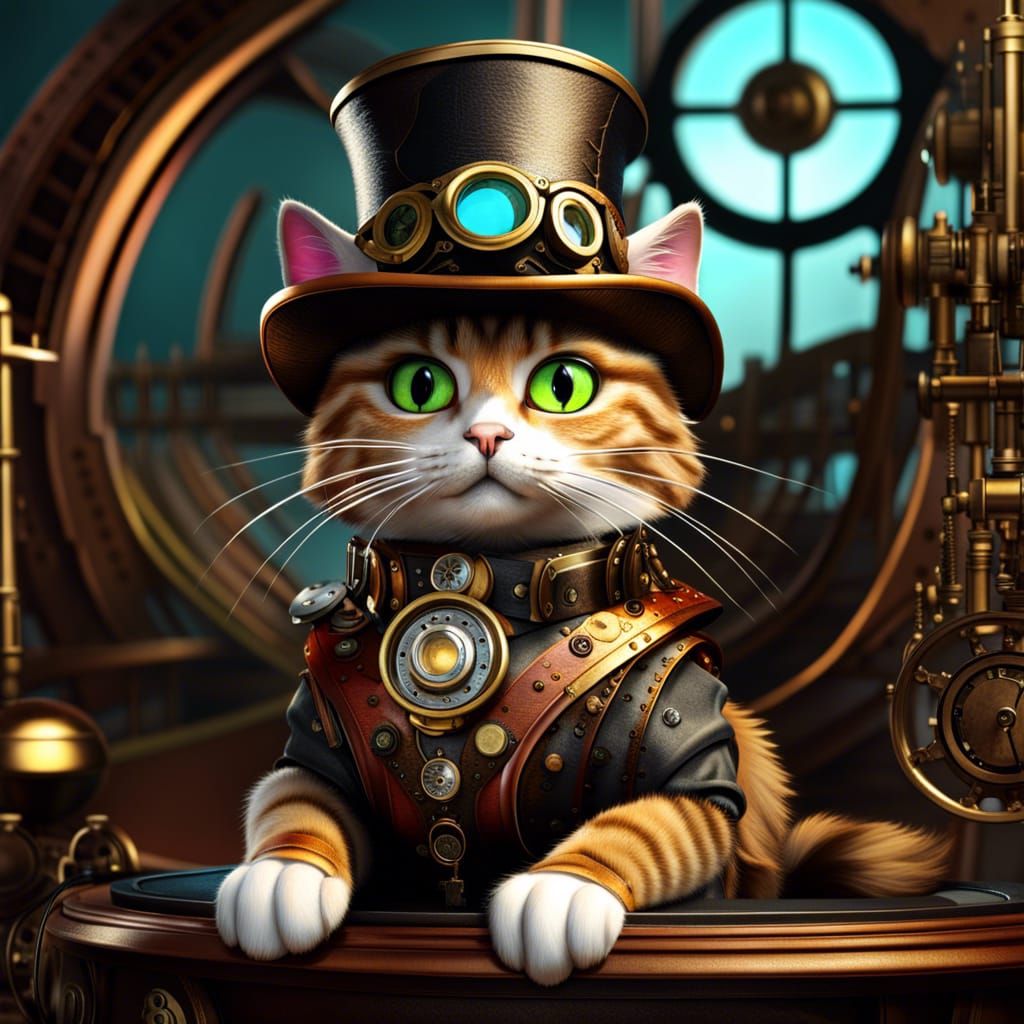 Steampunk Cat in Highly Detailed 8K Fantasy Scene