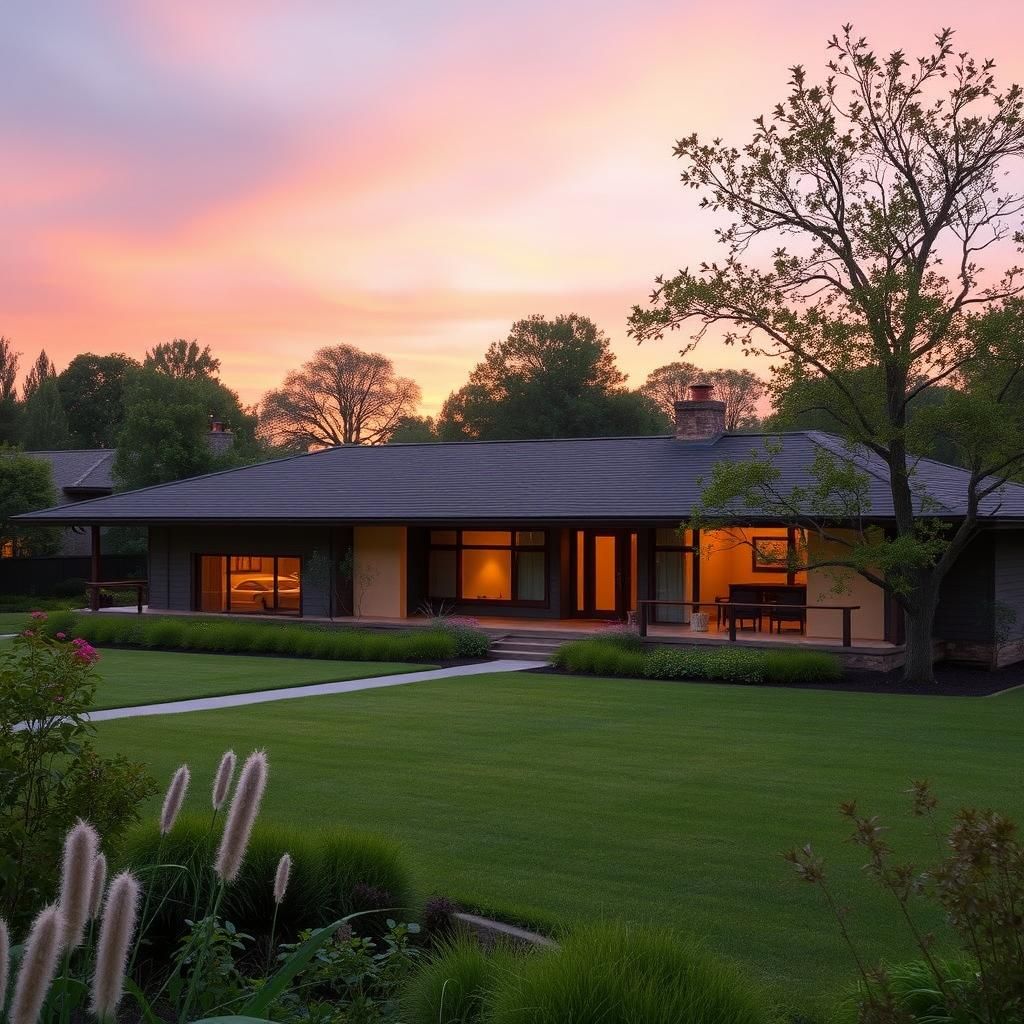 Frank Lloyd Wright Inspired Suburban Home at Twilight