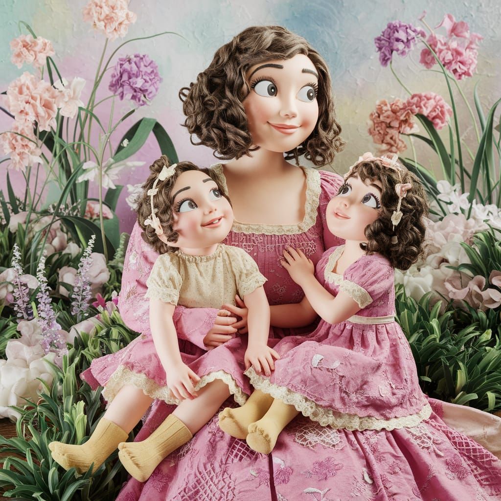 Whimsical Fabric Garden Scene with Young Family