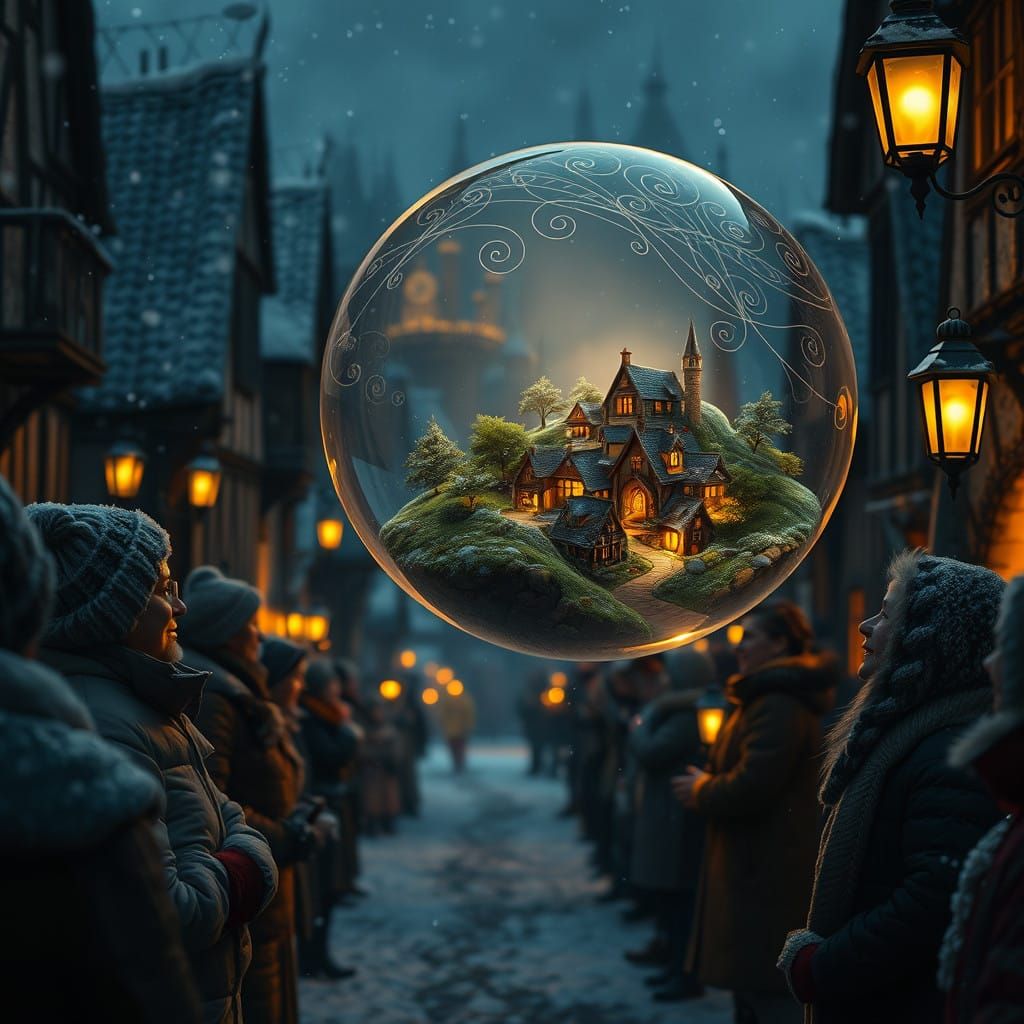 Whimsical Fantasy Village Inside a Glowing Snow Globe