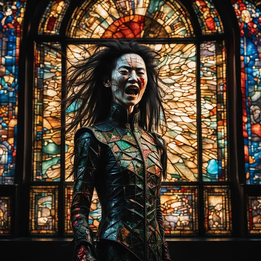 Asian Female Pinhead in Exploding Stained Glass