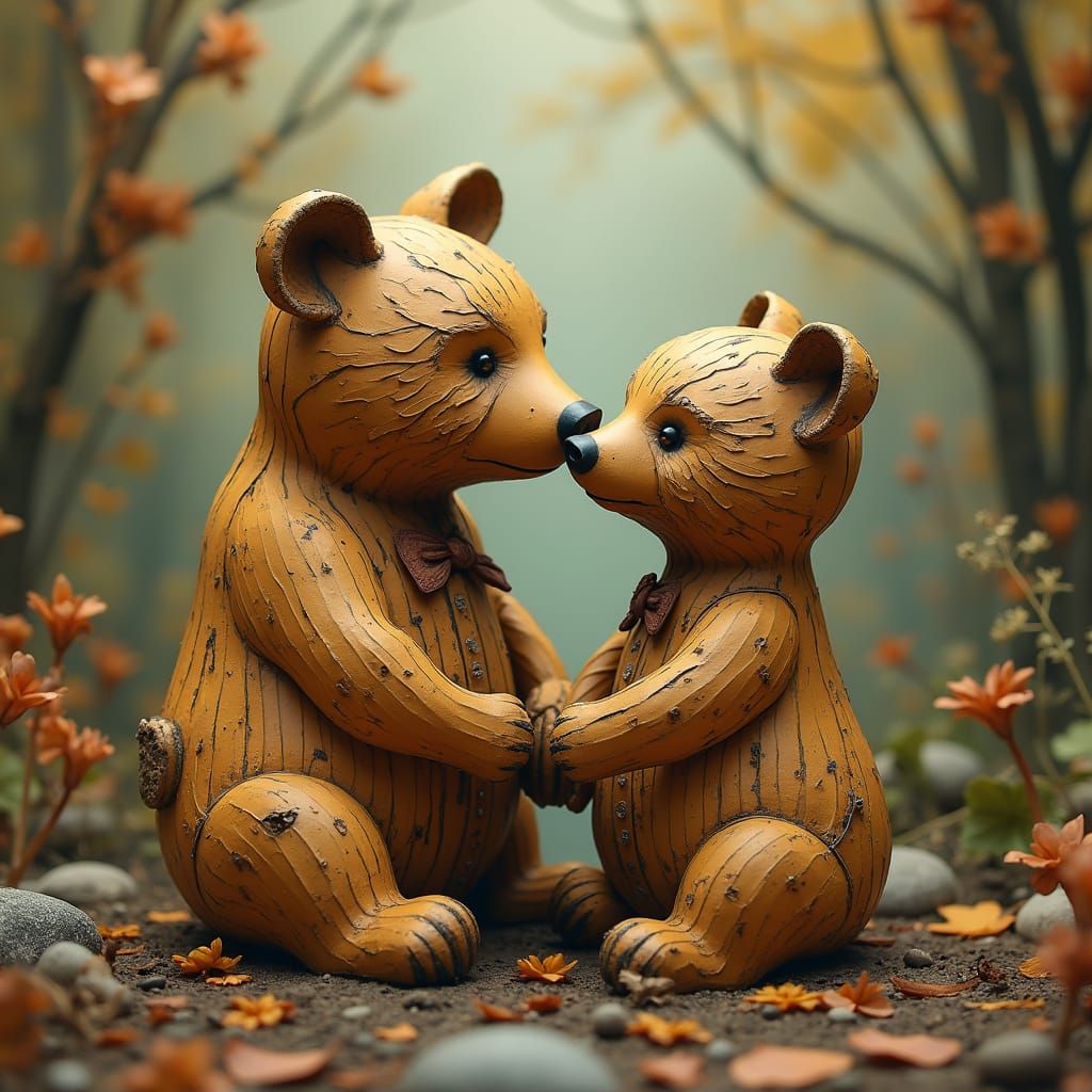 Paper Mache Bears in Tender Whimsical Embrace