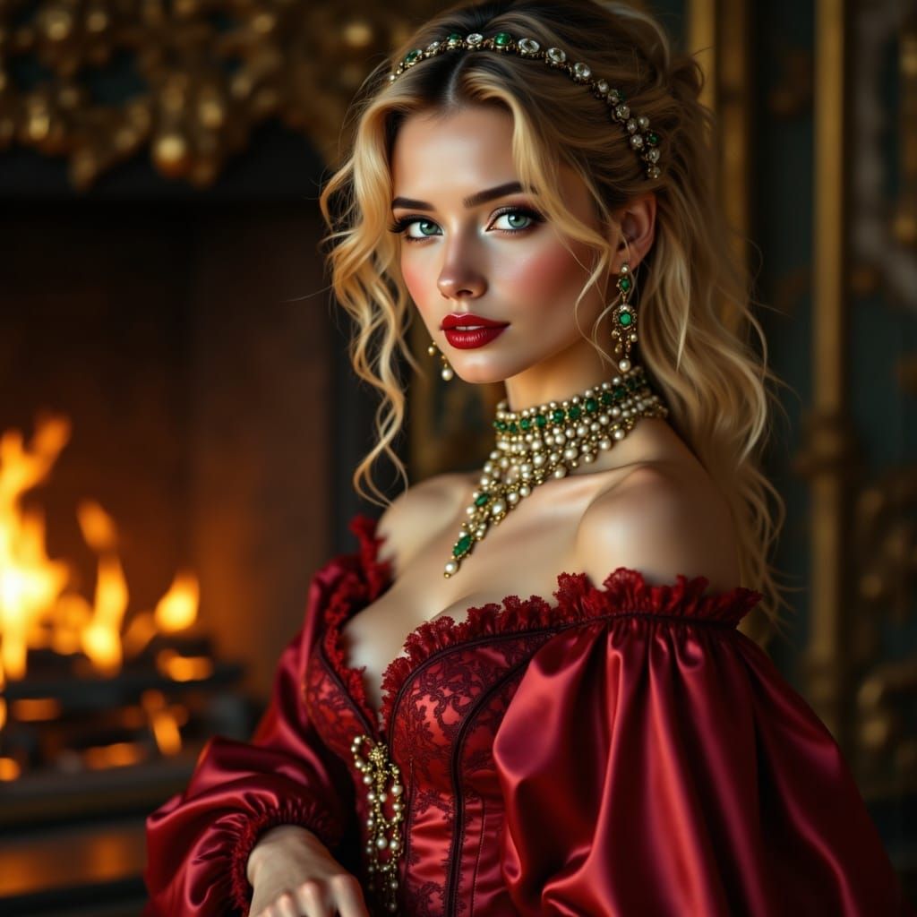 Elegant Noblewoman in Crimson Gown, Golden Light, and Opulen...